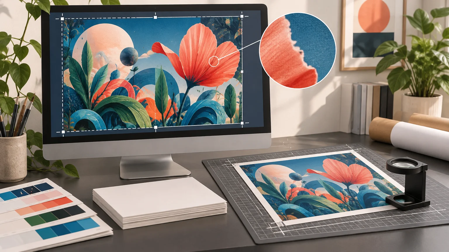 Desktop monitor displaying a colorful botanical artwork with crop handles, beside a matching printed proof on a cutting mat, color swatches, blank paper, and a magnifier callout showing the flower texture.