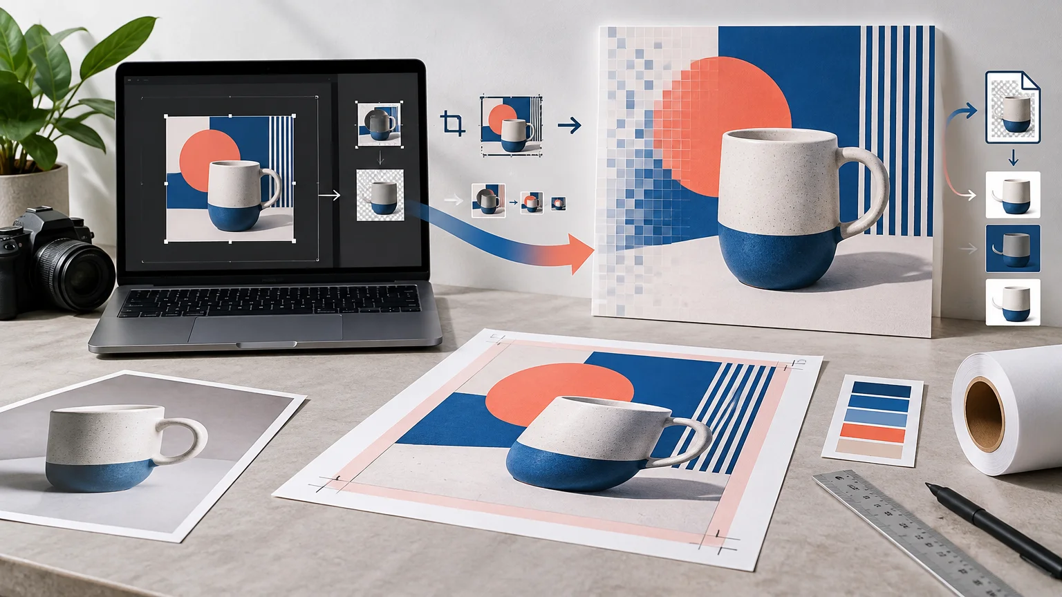 Horizontal workspace scene showing a laptop editing a blue-and-white ceramic mug image, crop and transparency icons, arrows leading to a large print proof and a bleed-marked printed sheet, with color swatches, ruler, tape roll, camera, and pen nearby.