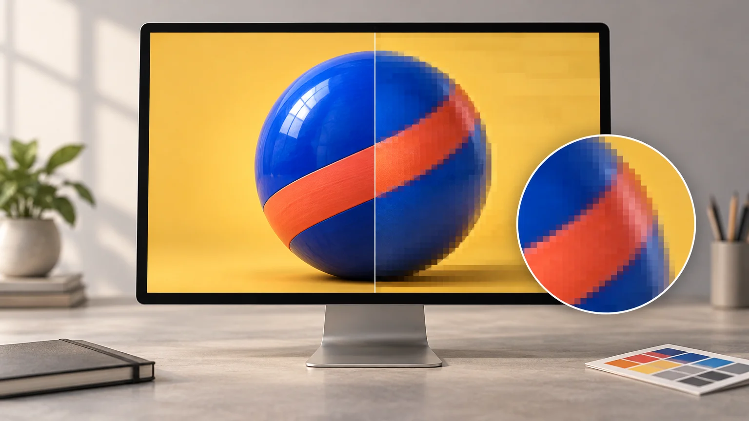 Desktop monitor on a desk showing a blue ball with an orange stripe, split between a smooth image and a blocky pixelated version, with a circular magnified pixel detail and a small color chart nearby.