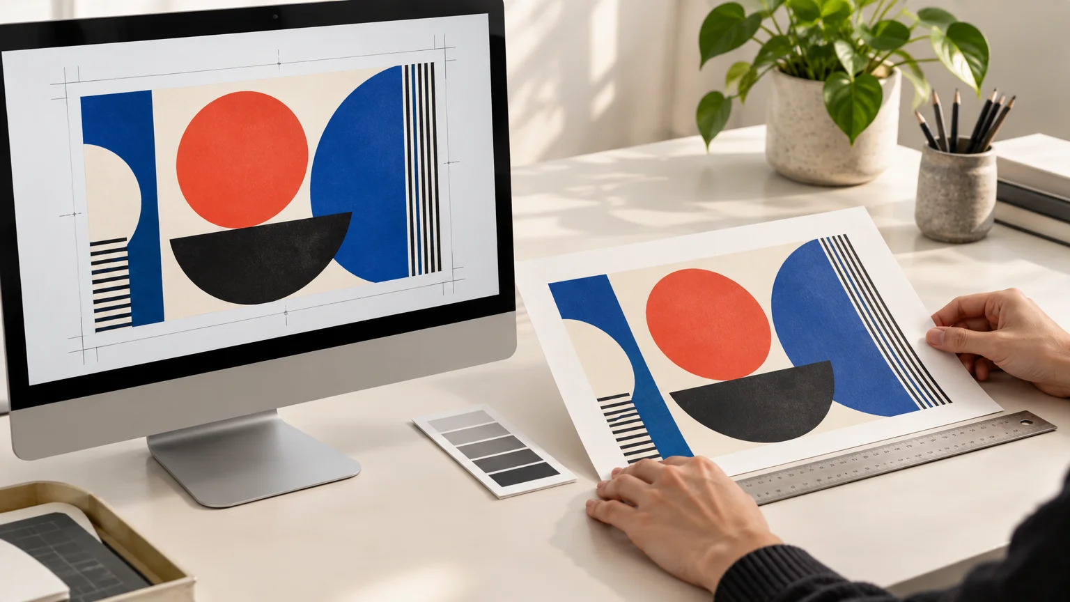 A desktop monitor displays a geometric artwork beside a person holding a matching printed proof over a desk with a ruler and grayscale swatch.