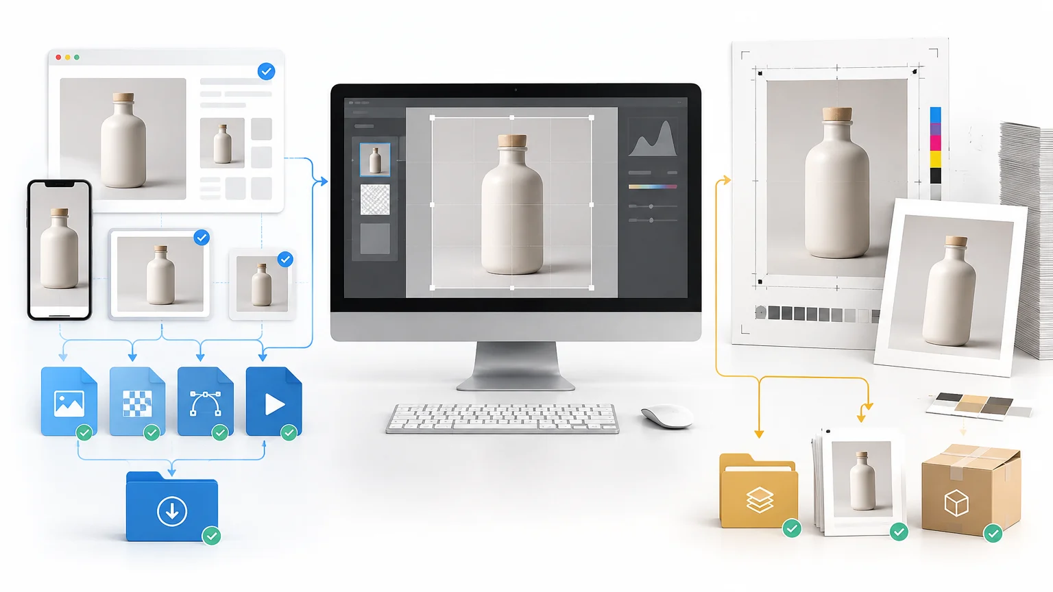 Horizontal workflow illustration showing a product bottle image resized on web devices and a desktop editor, then routed to print proofs, image files, a folder, and a shipping box.