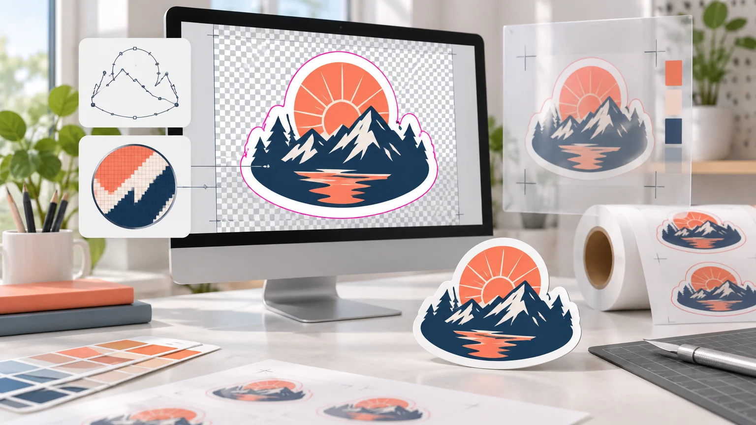 Desktop workspace showing a mountain-and-sun sticker design on a computer over a transparency checkerboard, with a pink cut outline, color swatches, proof sheets, sticker roll, and a finished die-cut sticker.