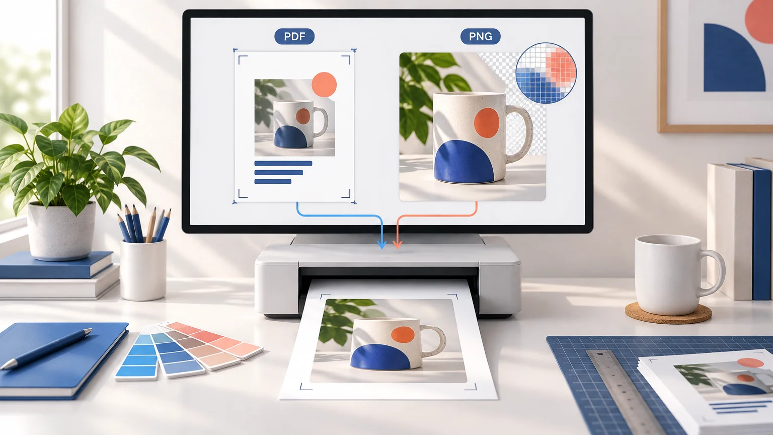 Desktop monitor compares PDF and PNG artwork of a patterned mug, with arrows to a printer producing a printed proof on a tidy desk with color swatches and tools.