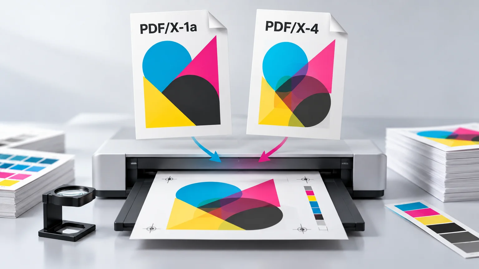 Two upright sheets labeled “PDF/X-1a” and “PDF/X-4” show colorful geometric artwork above a desktop printer producing a print proof with crop marks and a color bar.