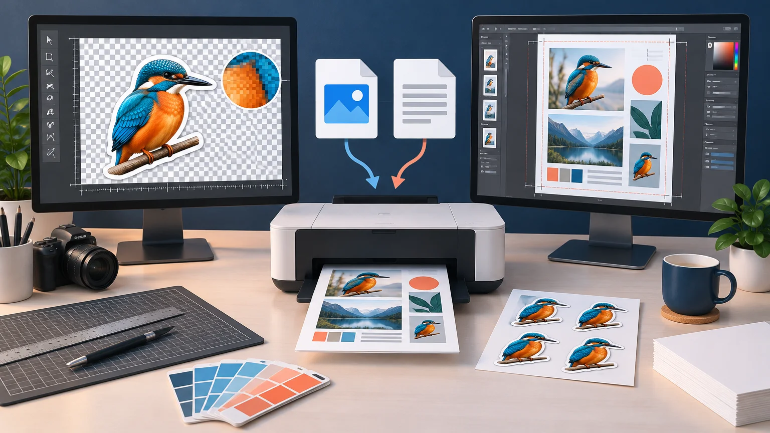 Two monitors show a bird image on a transparent checkerboard and a print-layout page, with generic image and document file icons pointing to a desktop printer producing a colorful proof sheet.