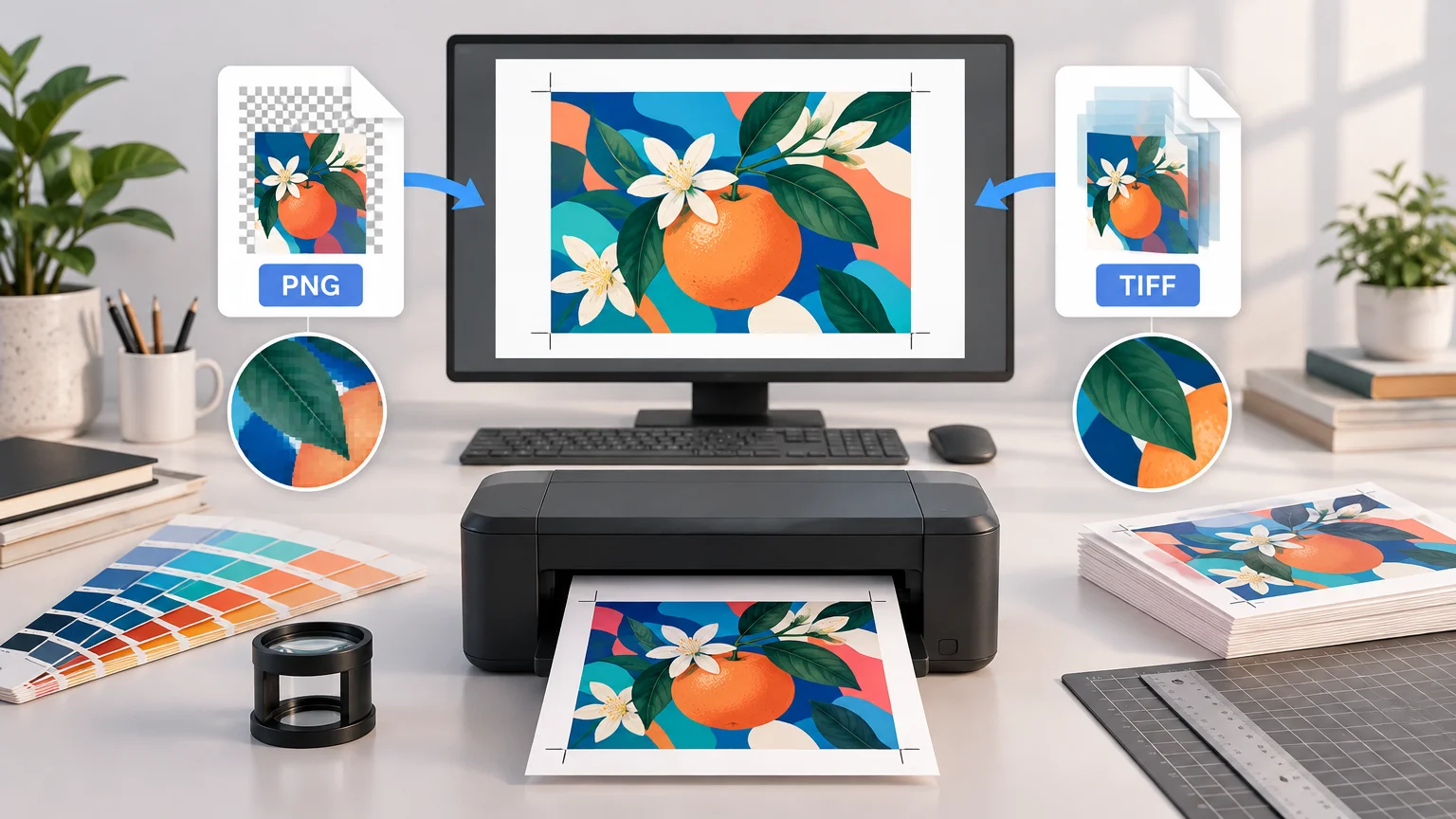 Desktop print-production scene with a monitor showing orange-and-flower artwork, PNG and TIFF file icons, detail magnifiers, a printer producing a print, and color swatches.