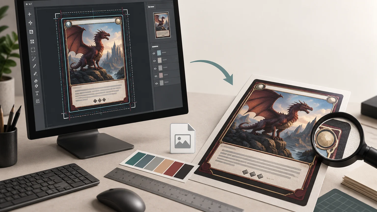 Desktop monitor showing a fantasy dragon card design with crop and bleed guides, beside a large printed card proof, magnifying glass, color swatches, ruler, and an arrow indicating digital-to-print workflow.