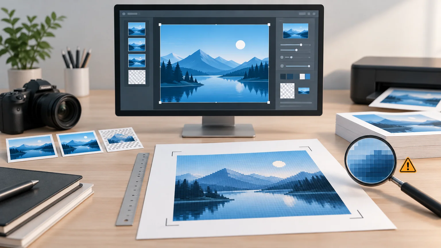 Desktop monitor displaying a blue mountain-lake image in an editing interface, beside printed copies and a magnifying glass highlighting pixelation on a large print.